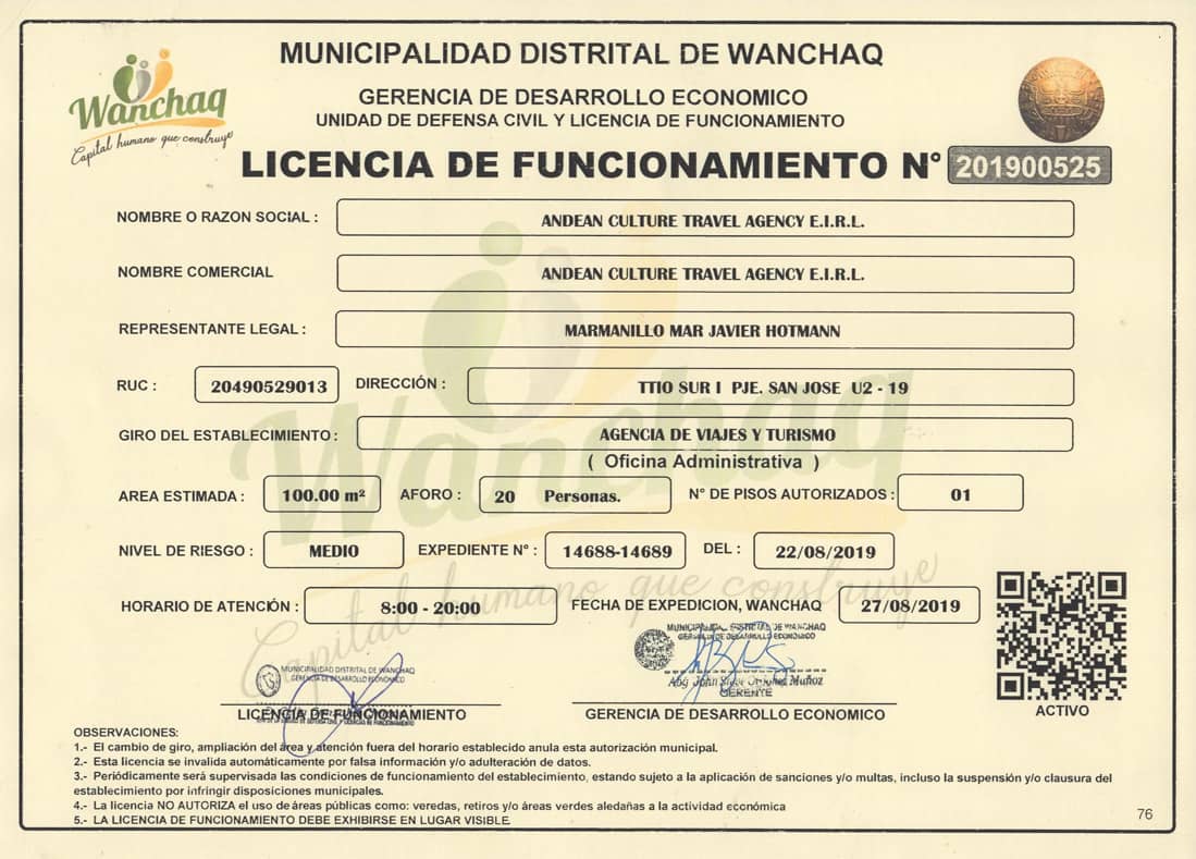 licencia de funcionamiento andean culture